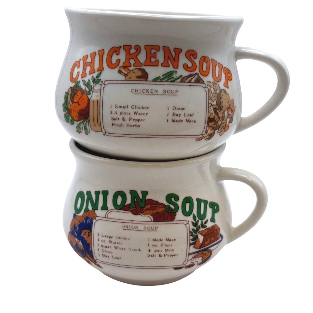 Vtg Recipe Soup Mug Set Chicken Onion Cottagecore Ceramic Bowls Covered Dish Era
